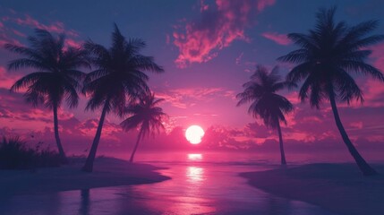 Pink Sunset Over Tropical Beach with Palm Trees