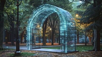Futuristic public pavilion set within urban park brought life through mixture of photorealistic texture sleek minimalist geometry abstract visual element pavilion metallic surface reflects surrounding