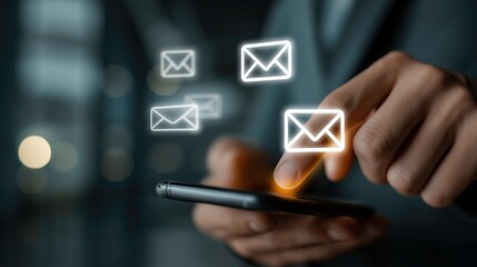Hand Touching Email Icons on Screen for Technology, Communication, and Marketing Concepts