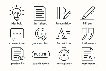 Creative writing and editing icons: lightbulb, draft, pen, grammar, and publishing symbols