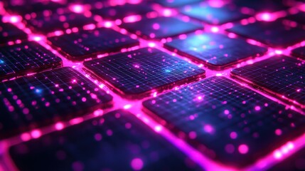 Glowing, grid of squares, magenta & blue light, abstract