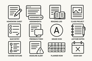 School icon set featuring homework, assignments, reading, quiz, grades, and more
