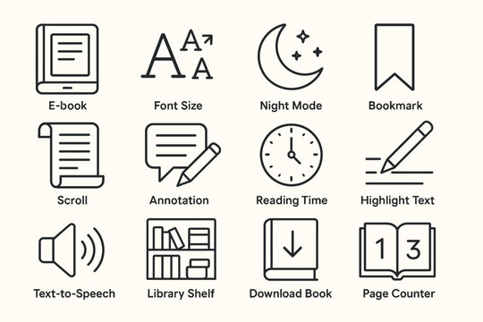 E-book ui design elements: night mode, font size, bookmark, and more