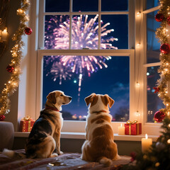 Fototapeta na wymiar Two pets sitting by the window watching colorful fireworks on New Year’s Eve, surrounded by soft lights and festive atmosphere