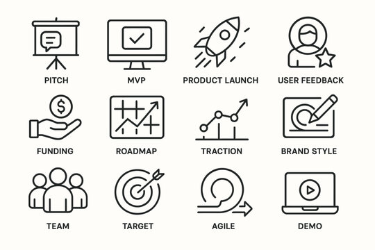 Business strategy icons highlighting product launch and user feedback