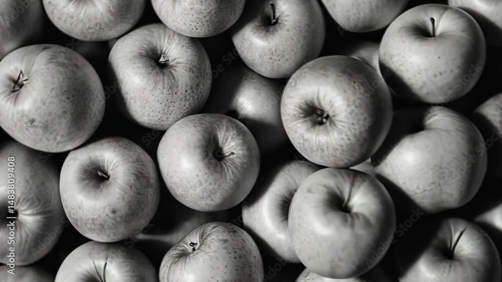 Poster a close up of many apples in a black and white. the apples are all different sizes and are arranged 