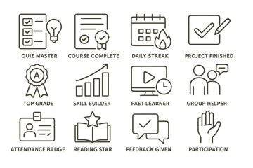 Achievement icons: quiz, course, daily streak, project, top grade, skill, fast learner, group