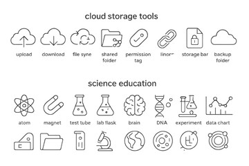 Cloud storage and science education icons: tools for digital and educational use