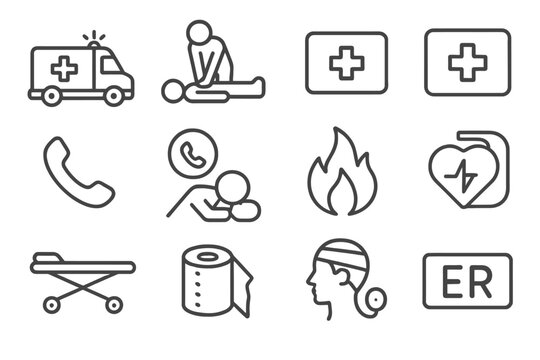 Emergency response icons: ambulance, cpr, first aid, fire, communication, er symbols