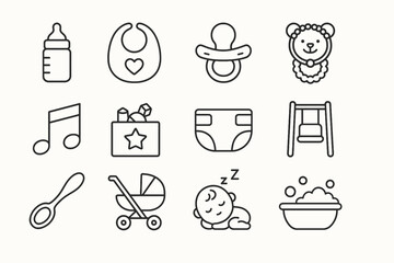 Baby essentials outline icons: bib, pacifier, diaper, stroller, sleeping infant
