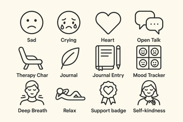 Emotional wellbeing icons: sad, crying, heart, open talk, self-kindness