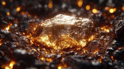 Fototapeta premium Glowing nugget nestled amongst rough, dark rock