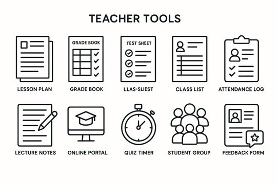 Teacher tools icons: lesson plan, grade book, test sheet, class list, attendance log