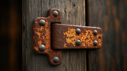 Rusty hinge on weathered wood