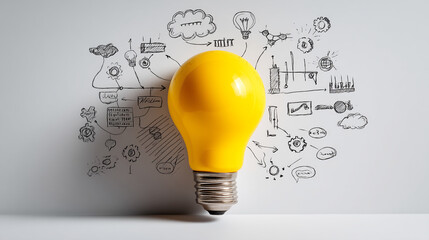Yellow lightbulb against white background with hand-drawn business plan sketch, symbolizing idea generation, innovation, and strategic planning
