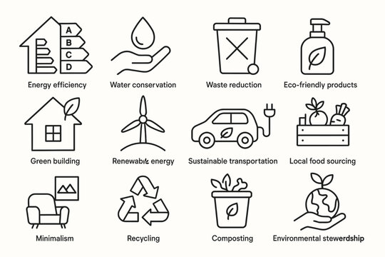 Sustainable practices icons: energy efficiency, conservation, recycling, renewable energy, eco-friendly design