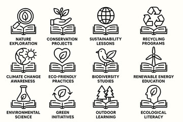 Environmental icons highlighting conservation and sustainability initiatives