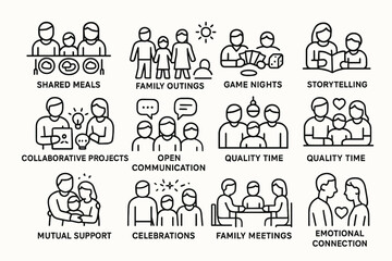 Illustrated icons depicting various family activities and bonding moments