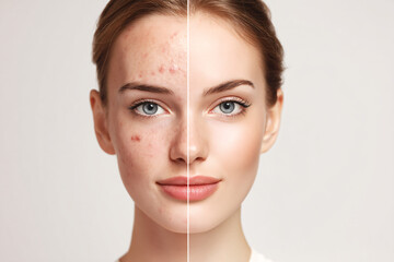 Before and After skincare transformation of young woman with acne