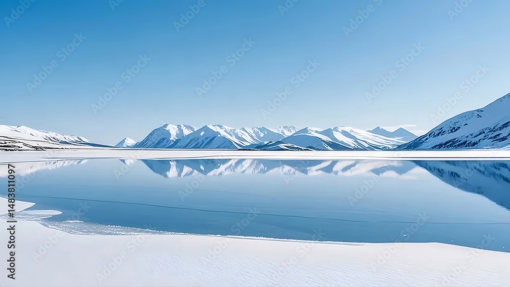 Poster 雪に覆われた山々と穏やかな湖面の反射が織りなす冬の風景 パノラマの景色と青い空が広がる静寂な世界