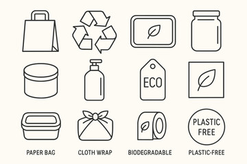 Eco-friendly packaging icons: recycling, biodegradable, plastic-free solutions