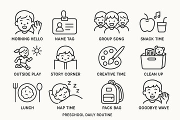 Preschool daily routine icons including activities and friendly child illustrations