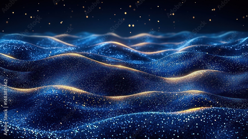 Poster glowing waves with sparkling, abstract dots on a dark backdrop