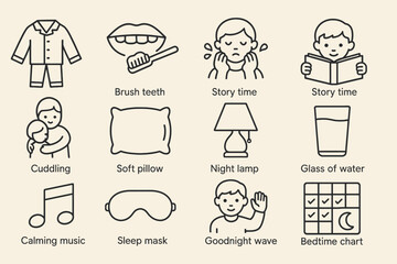 Nighttime routine icons: bedtime steps for children