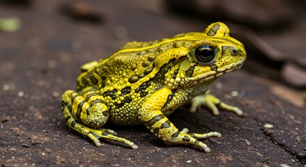Obraz premium Vibrant Yellow and Black Toad in Rainforest Habitat Close-Up Photography