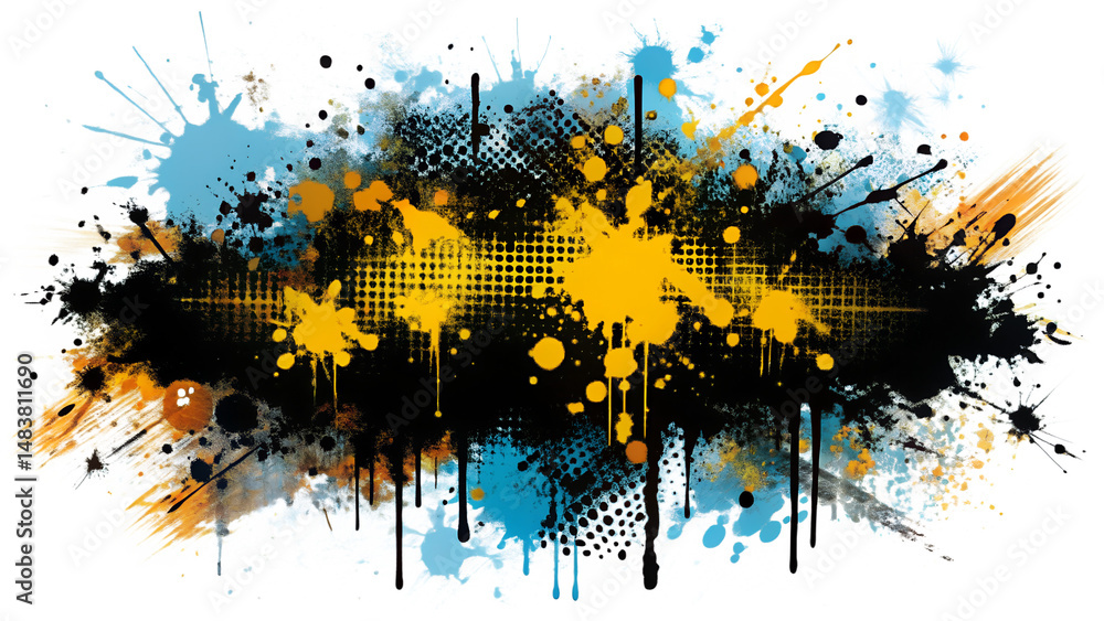 Poster abstract colorful grunge design with paint splashes and vector splatter on transparent background