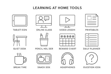 Learning at home tools: quiet desk, online class, video lesson, snack box, headphones