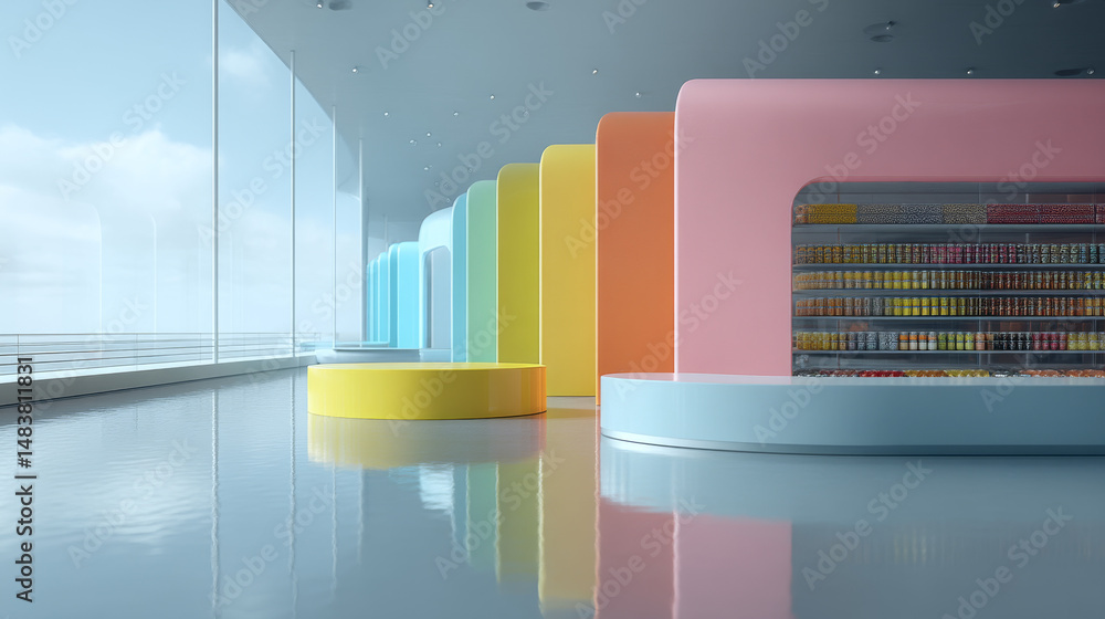 Poster modern interior with colorful patterns and expansive windows, creating a vibrant atmosphere.