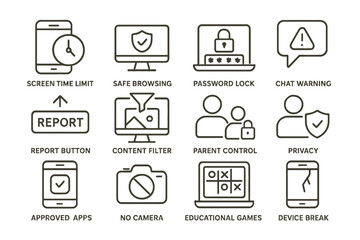 Digital safety icons: screen time, password lock, chat warning, parent control