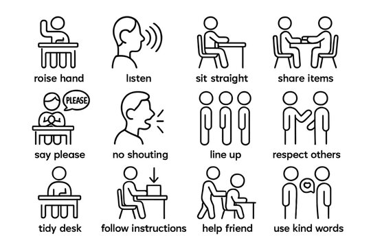 Set of classroom etiquette icons for teaching good behavior to students