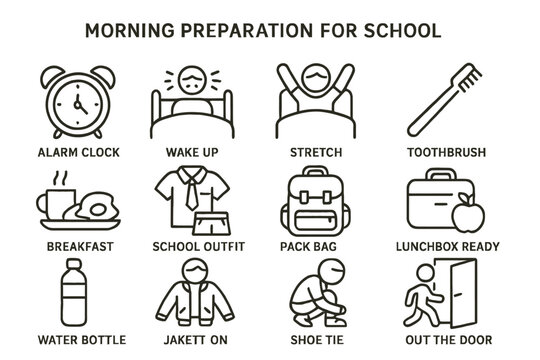 Morning school routine checklist with icons for kids' daily preparation