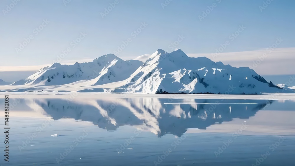Poster 雪をかぶった山々と氷河の湖の美しい風景 冬の自然 雪山と水の反射がある景色の良い場所 青い空と白い雪が特徴