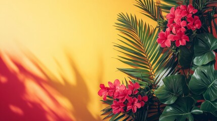 Red Flowers and Tropical Leaves on Yellow Background