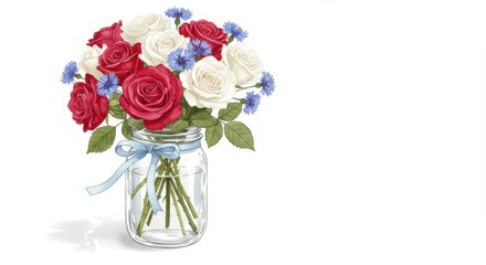 Obraz premium Elegant Red White and Blue Rose Bouquet in a Mason Jar