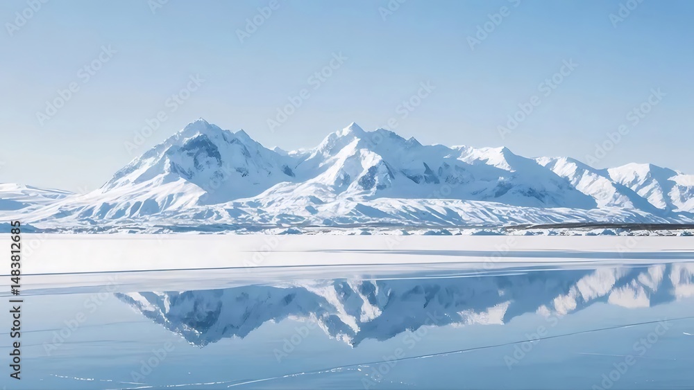 Aufkleber 穏やかな冬の日に輝く雪をかぶった山の反射と青い空を映す氷の湖の穏やかな風景