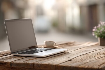 Fototapeta premium Laptop and coffee cup on rustic wooden table in cozy outdoor café setting during a sunny afternoon