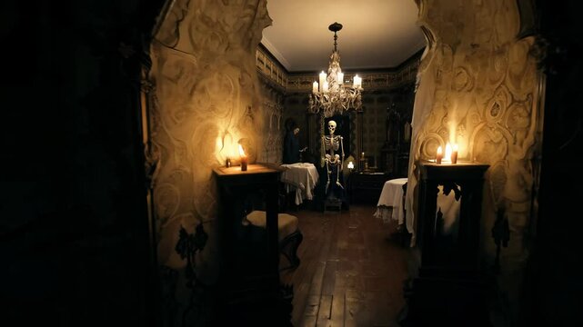 Handheld video moves unsteadily through a halloween haunted house attraction inside an old victorian mansion with cobwebs, flickering candles, and eerie props eerie halloween atmosphere