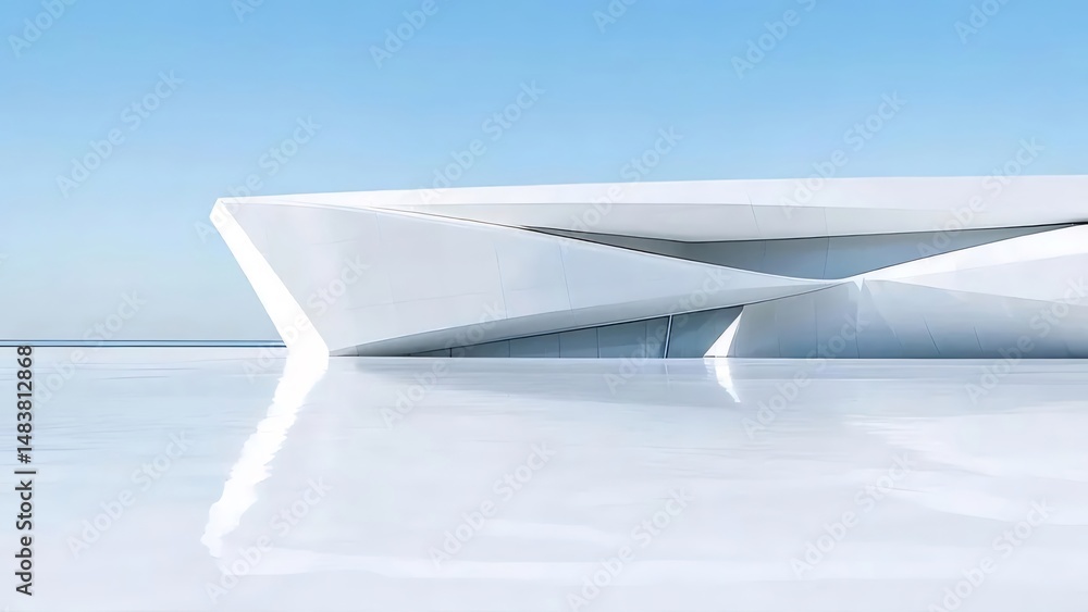 Poster 白いモジュール式構造が輝く現代的な建物 反射する表面と青い空を背景にした未来的な幾何学的デザイン