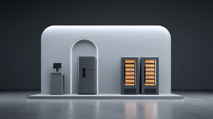 Modern vending machines and refrigerator set in a stylish, minimalistic setting.
