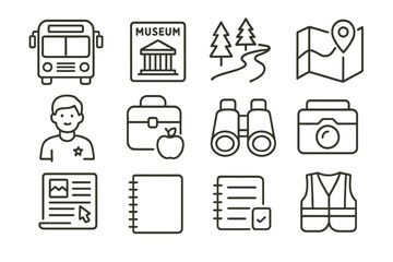 Travel adventure icons: transportation, navigation, recreation, and planning symbols