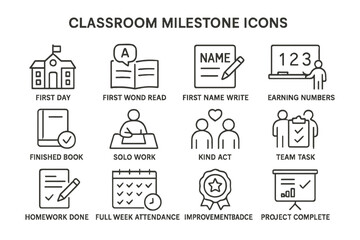Classroom milestone icons for educational achievements and progress tracking