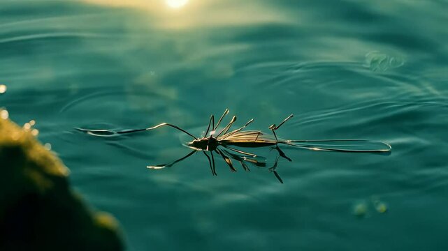 macro video: water striders gliding effortlessly on pond surface, dappled forest light on water, showing long legs and ripples. concept of perfection nature and microcosm