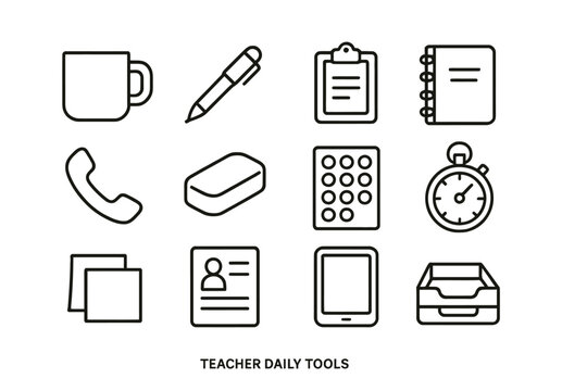 Teacher daily tools icons: mug, pen, clipboard, stopwatch, tablet, phone, notebook