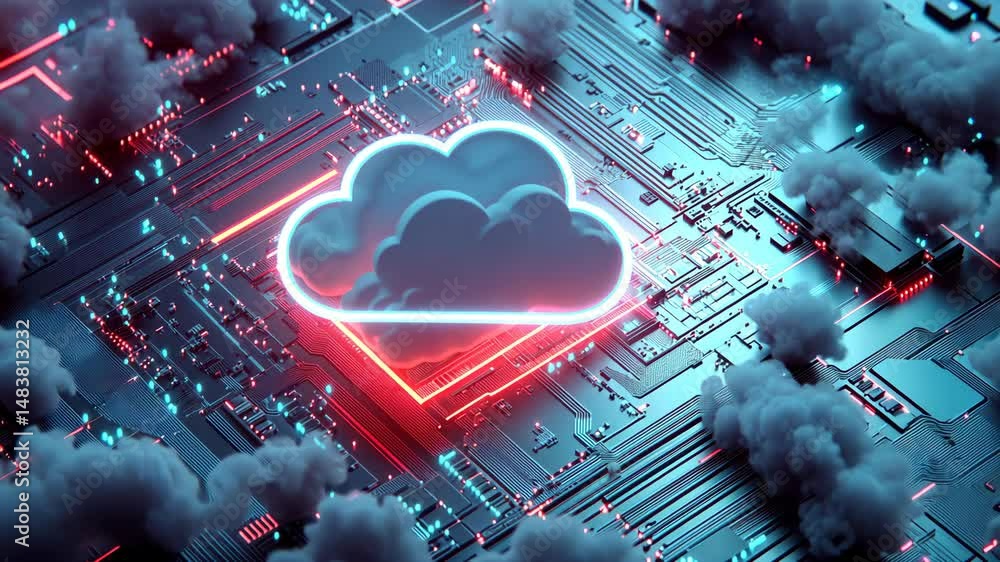 Aufkleber a computer chip with a cloud on it. the cloud is red and glowing. futuristic and technological feel 