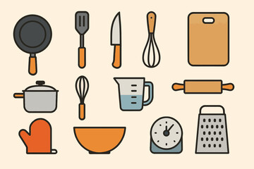 Collection of kitchen utensils: frying pan, spatula, knife, whisk, cutting board, pot, measuring cup, rolling pin, oven mitt, bowl, timer, grater