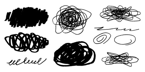 Hand drawn marker doodles and scribbles collection. Abstract black ink lines, curly strokes, swirls and sketch shapes on white background. Artistic design elements set